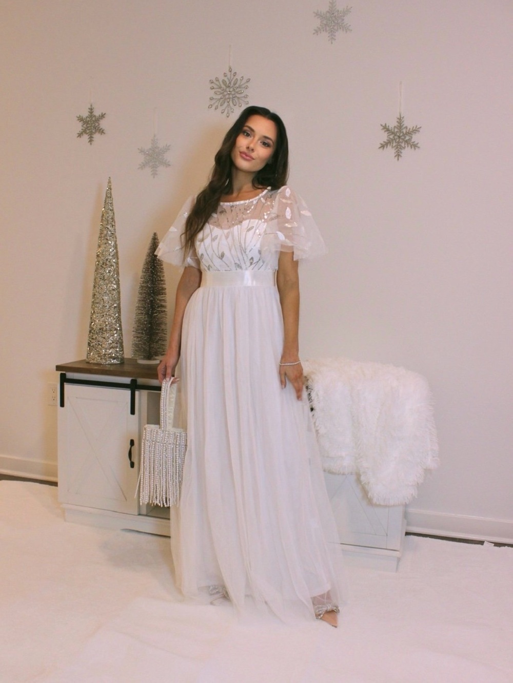 Ever Pretty White Bridal Gown with Sheer Embellished Bodice